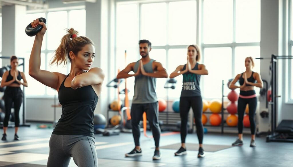 A diverse group of athletes, wearing professional sports attire, engaged in various cross-training activities in a bright, modern gym. In the foreground, a female athlete performs a kettlebell swing, demonstrating strength and focus. In the middle ground, two male athletes practice yoga for flexibility, while a female trainer provides guidance. In the background, various fitness equipment like resistance bands and medicine balls are neatly arranged. Soft, natural lighting streams through large windows, creating an uplifting atmosphere. The color palette is vibrant and motivating, emphasizing a sense of teamwork and dedication. Captured from a slightly elevated angle, the image conveys energy and the importance of proper cross-training techniques to prevent injuries.
