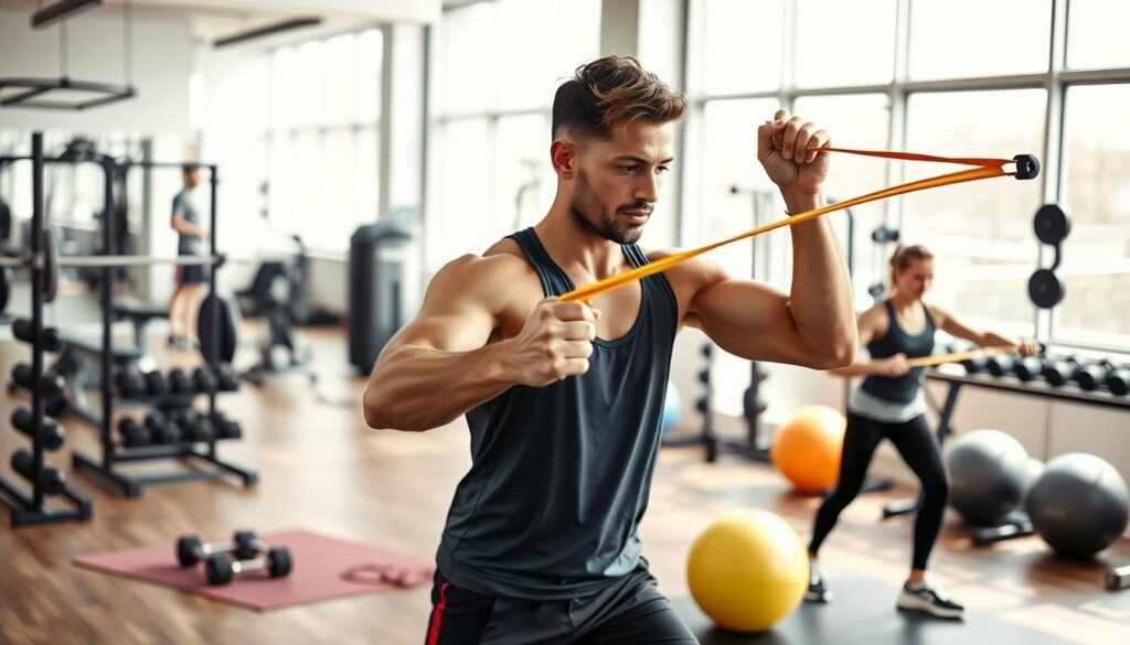 A focused athlete performing cross-training exercises in a modern gym setting, emphasizing the health of their tendons. The foreground features the athlete in athletic gear, showcasing their strong and flexible muscles as they engage in resistance training with elastic bands. In the middle ground, various fitness equipment, including weights and balance balls, creates an active environment. The background displays a bright, well-lit gym with large windows, casting natural light that enhances the scene. The mood is inspiring and motivational, portraying the importance of cross-training on injury recovery. Use a dynamic angle to capture the athlete's determination and strength, ensuring the composition reflects energy and resilience in maintaining tendon health. No additional elements or text should be present.