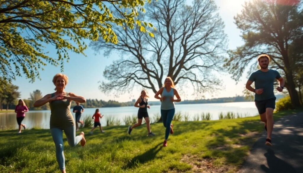 A serene outdoor scene depicting a diverse group of individuals engaged in various detoxifying physical activities. In the foreground, a middle-aged woman practices yoga, her posture graceful and focused, surrounded by lush greenery. To her right, a young man jogs energetically along a path, showcasing movement and vitality. In the background, a tranquil lake reflects the clear blue sky, with trees gently swaying in the breeze, evoking a sense of peace. Soft, natural sunlight filters through the branches, creating a warm and inviting atmosphere. The scene captures a healthy lifestyle, emphasizing connection with nature while highlighting activities that promote natural detoxification. A wide-angle lens enhances the depth of the scene, inviting viewers to join in on these rejuvenating practices.