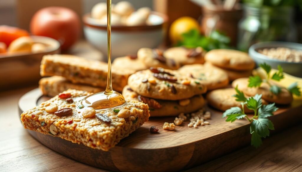 A vibrant and appealing assortment of nutritious egg substitute snacks, showcasing a variety of healthy options like protein bars, chickpea dumplings, and quinoa patties, arranged artistically on a wooden platter. In the foreground, a close-up of a delicious protein bar with visible nuts and seeds, drizzled with honey, glistening under soft, natural lighting that creates a warm and inviting atmosphere. In the middle, a diverse selection of the alternative snacks, each with different textures and colors, hinting at their scrumptious flavors. The background features a lightly blurred kitchen setting with fresh ingredients like vegetables and grains, adding a homey touch to the scene. The image conveys a casual yet inspiring mood, perfect for health-conscious snack enthusiasts.